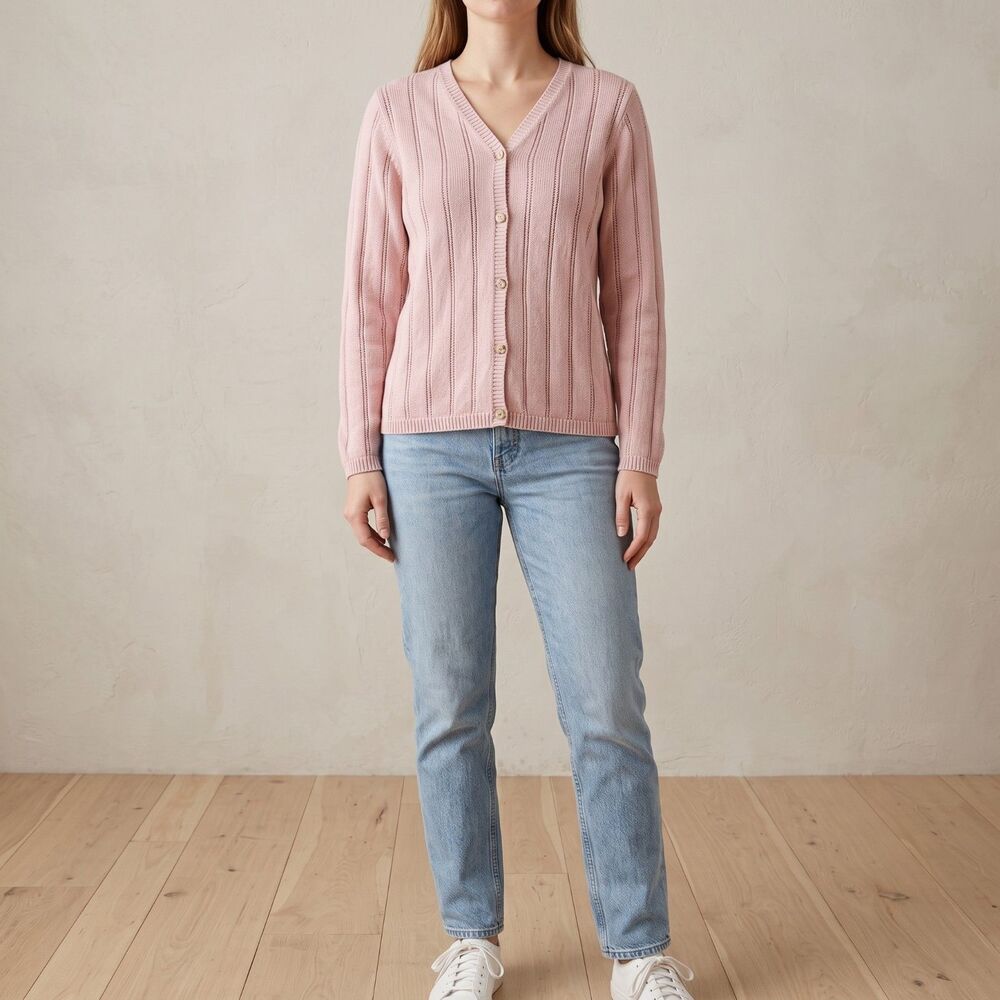 L.L.Bean Womens Cardigan Pink Linen Romantic Coquette Granny Sz Med